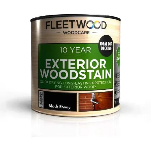 Fleetwood 10 Year Exterior Woodstain in Black Ebony 250ml tin with product label showing quick drying long-lasting protection for exterior wood, ideal for decking applications