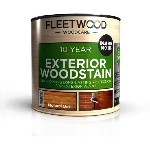 Fleetwood 10 Year Exterior Woodstain in Natural Oak 250ml tin with green label showing wood sample swatches and product information for outdoor wood protection