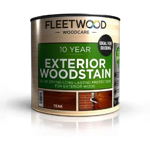 Fleetwood 10 Year Exterior Woodstain in Teak 250ml can with green label showing product name, quick-drying long-lasting protection claim, ideal for decking badge, and teak wood color sample images on metallic silver tin