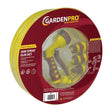 Garden Pro 30 metre yellow garden hose and spray gun set coiled on burgundy packaging with yellow accents and product details
