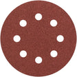 Bosch 125mm orbital sanding disc with 80 grit abrasive surface in reddish-brown showing 8 pre-drilled dust extraction holes arranged in circular pattern