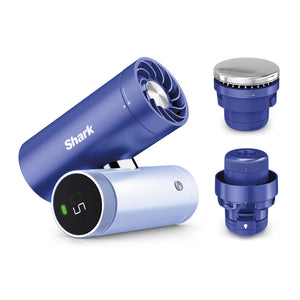 Blue Shark hair dryer with attachments on a white background