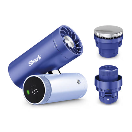 Blue Shark hair dryer with attachments on a white background