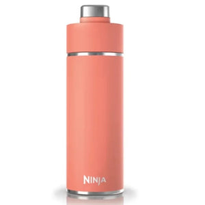 Ninja Thirsti 530ml coral insulated travel bottle with stainless steel cap and band, featuring metallic accents and Ninja branding