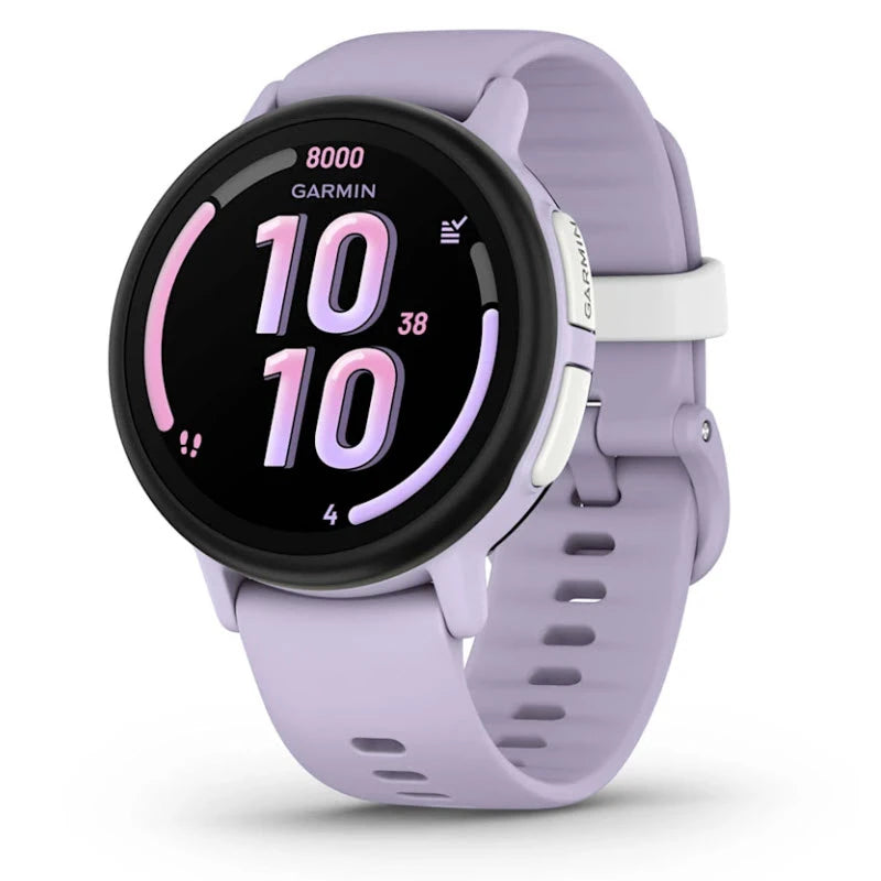 Garmin smartwatch with a purple band on a white background