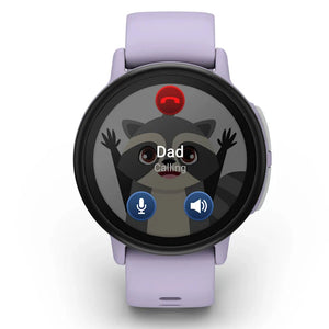 Smartwatch with a raccoon illustration on the screen displaying 'Dad Calling' on a white background