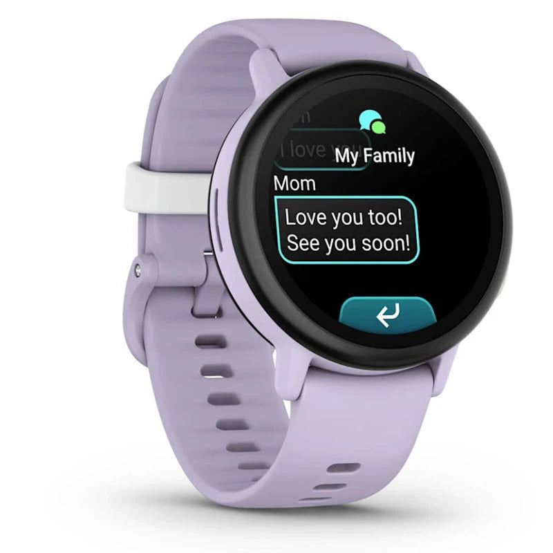 Smartwatch with a purple band displaying a message on a white background