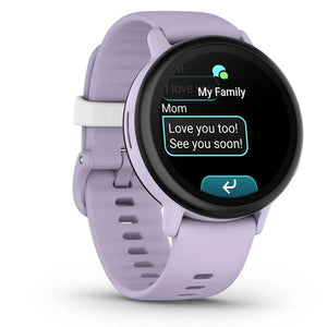Smartwatch with a purple band displaying a message on a white background