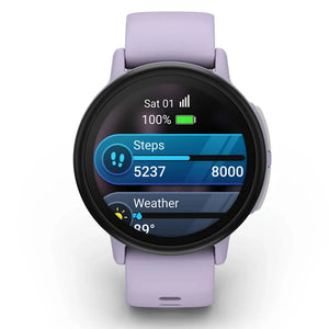 Smartwatch with a purple band displaying step count and weather information on a white background