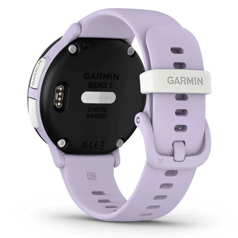 Garmin smartwatch with a purple band on a white background