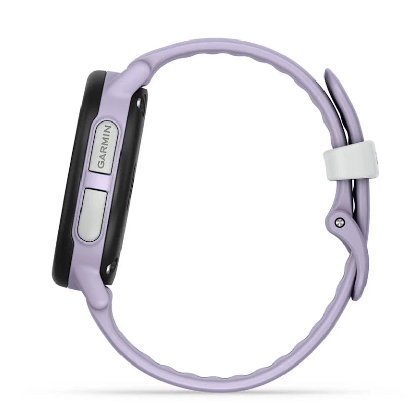Garmin fitness tracker with a purple band on a white background