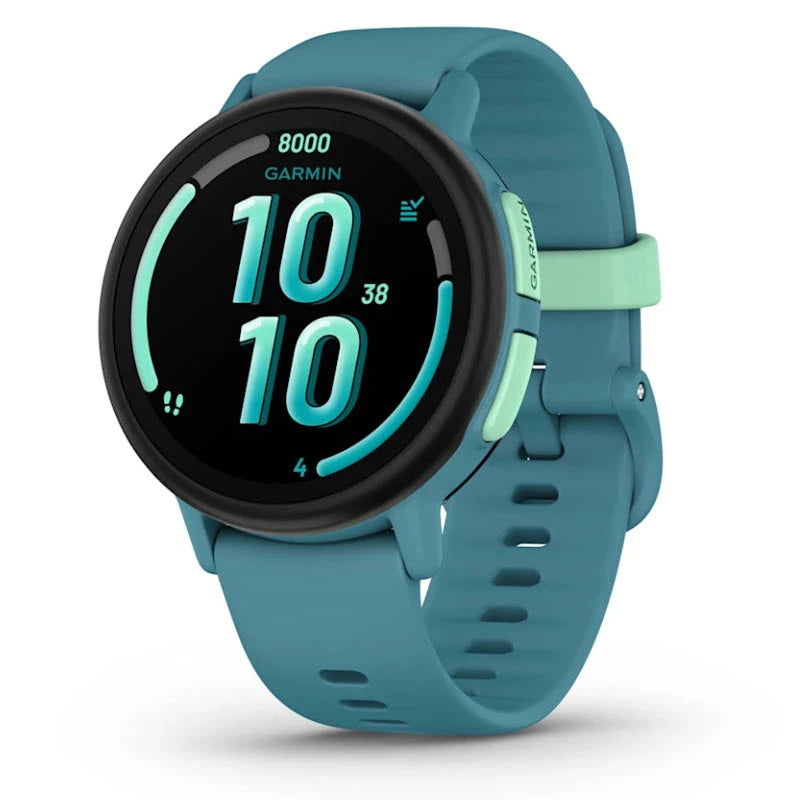 Teal Garmin smartwatch on a white background