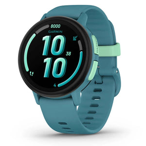 Teal Garmin smartwatch on a white background
