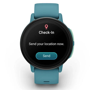 Smartwatch with a teal band displaying a 'Check-In' screen on a white background
