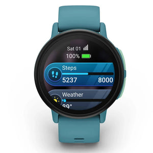 Smartwatch with a blue strap displaying step count and weather information on a white background