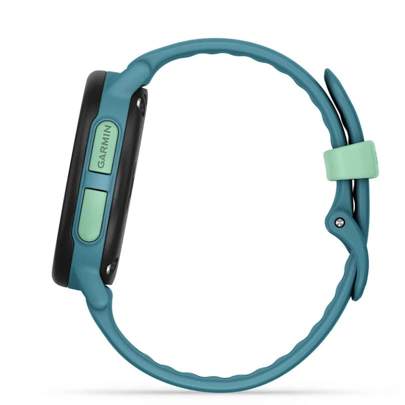 Teal Garmin fitness tracker with a strap on a white background