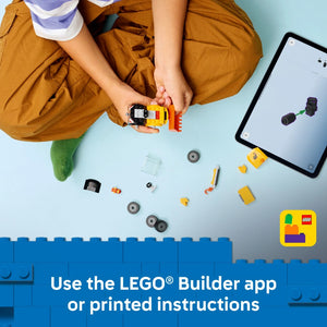 Child assembling LEGO Construction Loader set with yellow and black motorized pieces, displaying component parts on light blue background with instruction tablet and LEGO Builder app logo