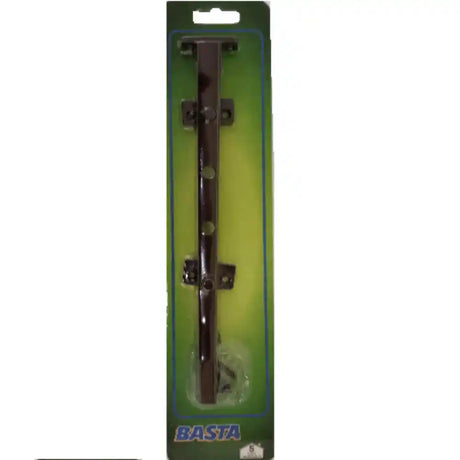 Basta 254mm traditional stay flat pin in brown finish showing metal brackets and mounting hardware on green product packaging