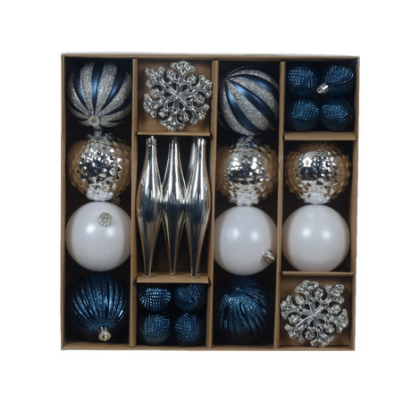 Decoris Blue, Silver and White Shatterproof Bauble Mix - Pack of 46 | 9021114