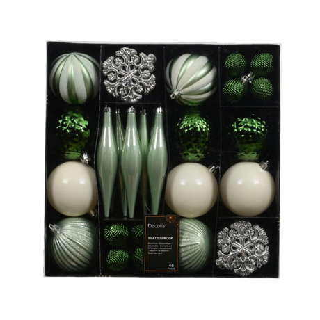 Decoris Green, White and Silver Shatterproof Bauble Mix - Pack of 46