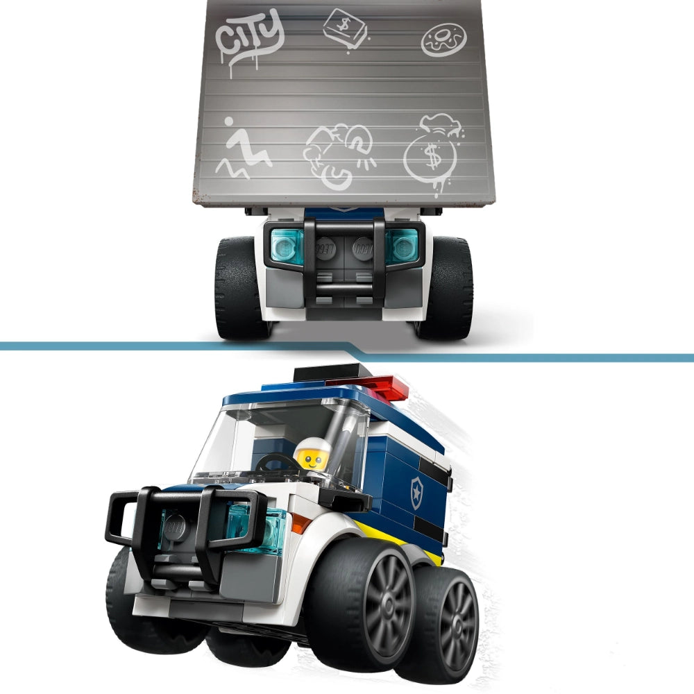 LEGO City Police Truck 60481 showing top-down view of gray brick-built truck bed with white chalk drawings and bottom view of assembled blue and white police vehicle with yellow minifigure driver and turquoise accent details