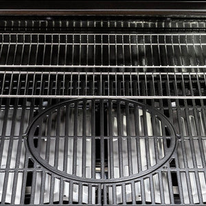 Close-up view of Sahara X450-S gas barbecue grill grates showing black cast iron cooking surface with oval drip tray and stainless steel burner covers arranged in rows