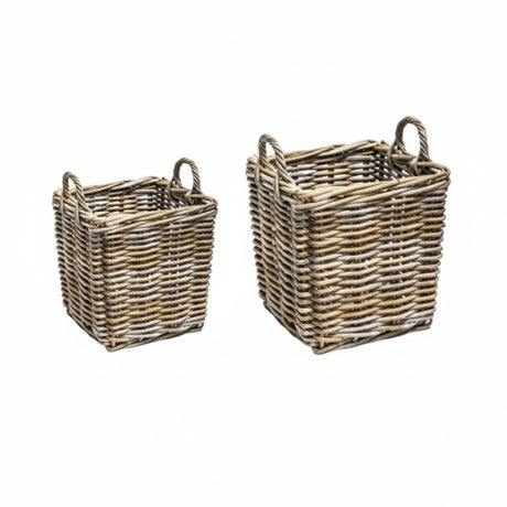 Two natural wicker log baskets in square shape with woven rattan construction and rope handles, displayed against white background