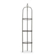 Tall black metal garden obelisk with decorative pointed finial top and three horizontal support rings for climbing plants