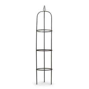 Tall black metal garden obelisk with decorative pointed finial top and three horizontal support rings for climbing plants