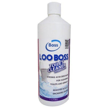 White plastic bottle of Loo Boss toilet cleaner 1 litre with blue and purple labeling, featuring strong acid descaler formula for removing scale and stains from toilets and urinals