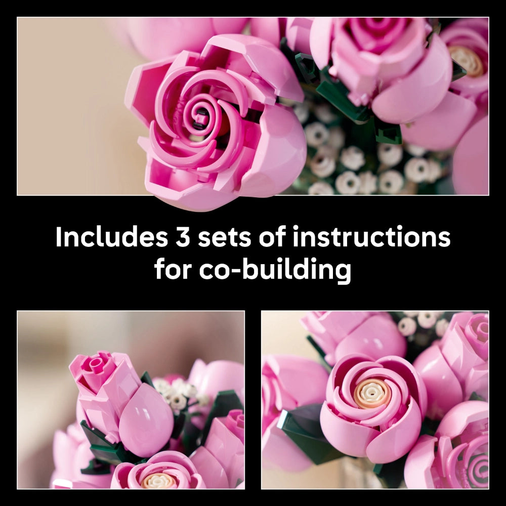 LEGO Bouquet of Pink Roses 10374 featuring three buildable pink rose flowers with green stems and leaves, displayed from multiple angles showing detailed petal construction and cream-colored flower centers