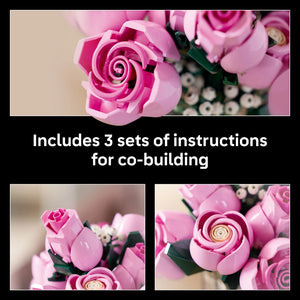 LEGO Bouquet of Pink Roses 10374 featuring three buildable pink rose flowers with green stems and leaves, displayed from multiple angles showing detailed petal construction and cream-colored flower centers