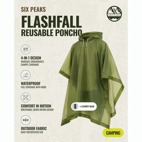 Six Peaks FlashFall Reusable Poncho One Size - Green | SIOA000601