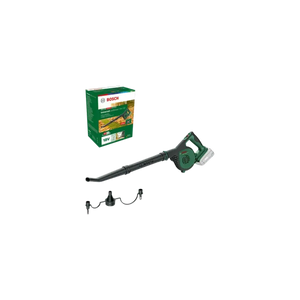 Bosch Universal Garden Leaf Blower 18V cordless in green and black with packaging box, 2.5ah battery and charger accessories shown