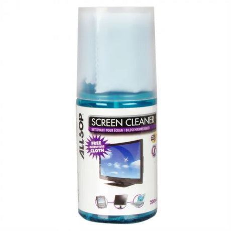 Allsop Screen Cleaner 200ml spray bottle with blue liquid and free microfibre cloth, featuring product label with monitor display image and cleaning icons on white background