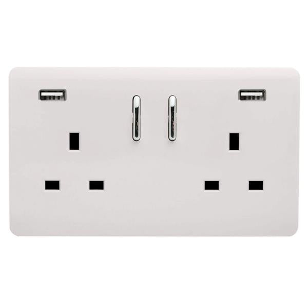 Trendi Double Switched Socket 2 Gang 13Amp with 2 x USB A Ports - White | 9100-14