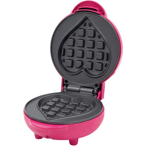 Pink heart-shaped waffle maker with non-stick grey cooking plates, open position showing grid pattern molds, compact countertop design with handle