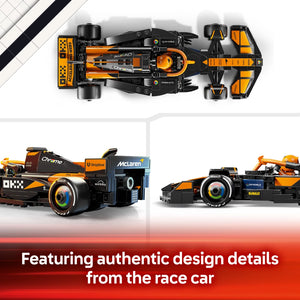 Top-down and angled views of the LEGO McLaren F1 Team MCL38 Race Car set 77251, displaying an orange and black Formula 1 car model with authentic design details including Pirelli tires, sponsor logos like Chrome and DeWalt, and intricate engineering elements visible from multiple angles