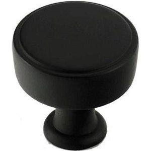 Black round cabinet knob with pedestal base, modern minimalist design for kitchen doors and drawers