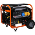 Victor orange and black electric start petrol generator 10000 watts with wheels, control panel featuring blue and yellow outlets, and engine visible on side frame