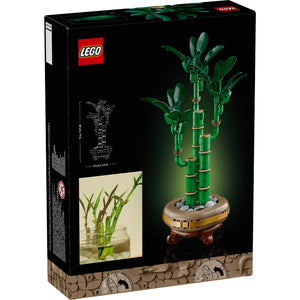 LEGO Lucky Bamboo 10344 set box showing green bamboo stems with leaves in a decorative pot with gold bands and brown base, displayed against black packaging with product imagery and dimensions of 12cm height