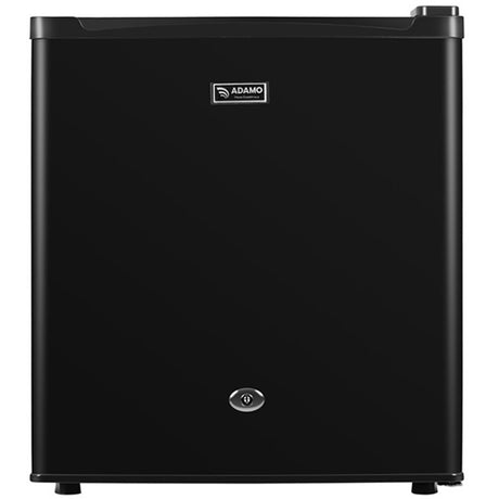 Adamo black table top fridge with lock, 51 litre capacity, featuring power button and compact design for countertop placement