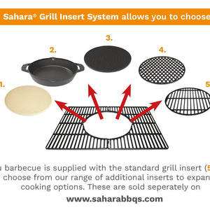 Sahara Grill Insert System showing five interchangeable cooking options for gas barbecue including ceramic stone, cast iron wok, flat griddle, perforated and slatted grill inserts that fit into the standard grill base