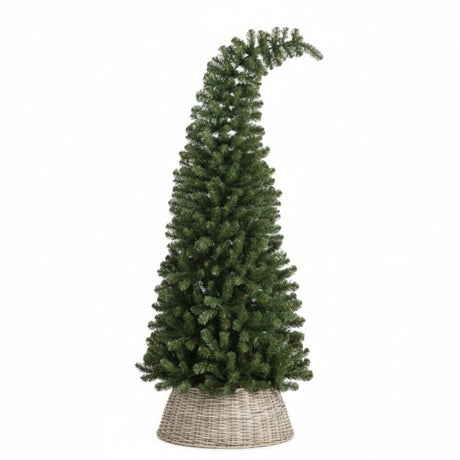 Tall green PVC bendy Christmas tree with curved top section, 1.8 metre height, displayed in a woven wicker basket planter, isolated on white background