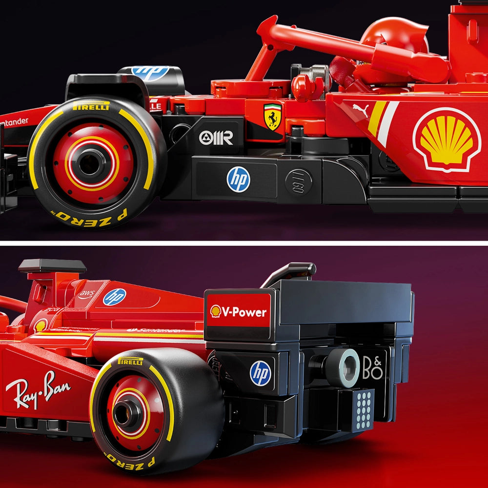 LEGO Ferrari SF-24 Formula 1 race car model set 77242 shown in two views displaying red and black brick construction with Shell V-Power branding, Pirelli yellow-banded tires, HP logo, and detailed cockpit canopy against dark background