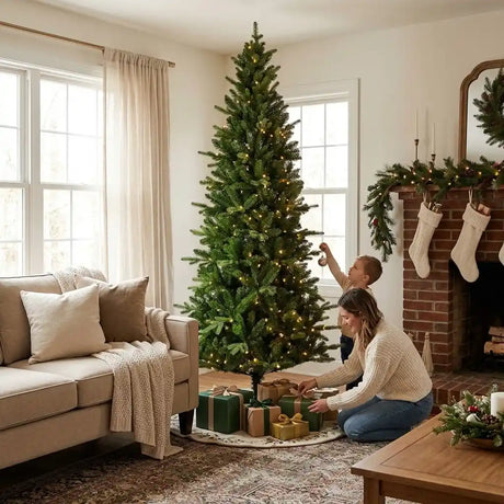 Everlands 7ft Killington Fir Christmas tree with warm white LED lights displayed in a bright living room with cream sofa, brick fireplace, stockings, wrapped gifts in green and gold, and festive garland decoration