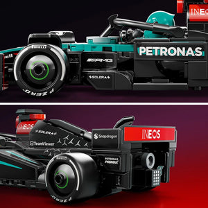 LEGO Mercedes-AMG F1 W15 Race Car model 77244 showing two detailed views of the turquoise and black Formula 1 car with PETRONAS branding, featuring Pirelli tires with green accents, realistic cockpit details, and authentic AMG badging against black and burgundy backgrounds