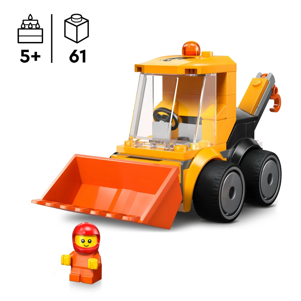 LEGO Construction Loader set 60483 featuring yellow and orange motorized wheel loader with articulated bucket, transparent cab window, and red-helmeted minifigure driver, 61 pieces, ages 5 and up