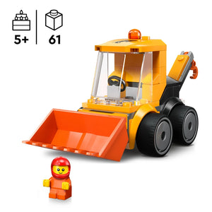LEGO Construction Loader set 60483 featuring yellow and orange motorized wheel loader with articulated bucket, transparent cab window, and red-helmeted minifigure driver, 61 pieces, ages 5 and up