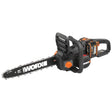 Worx Nitro 40V cordless brushless chainsaw with black body, orange accents and 14-inch bar, bare unit without battery shown against white background